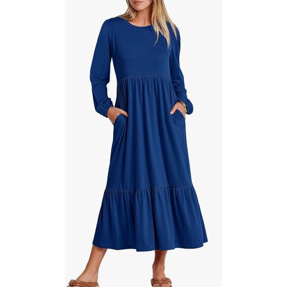 Teal Casual Long Sleeve Tiered Loose Dress with Pockets SMALL - Picture 1 of 5